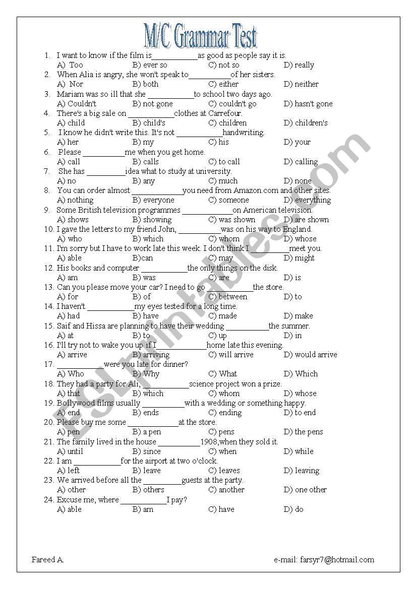 M/C Grammar Test worksheet