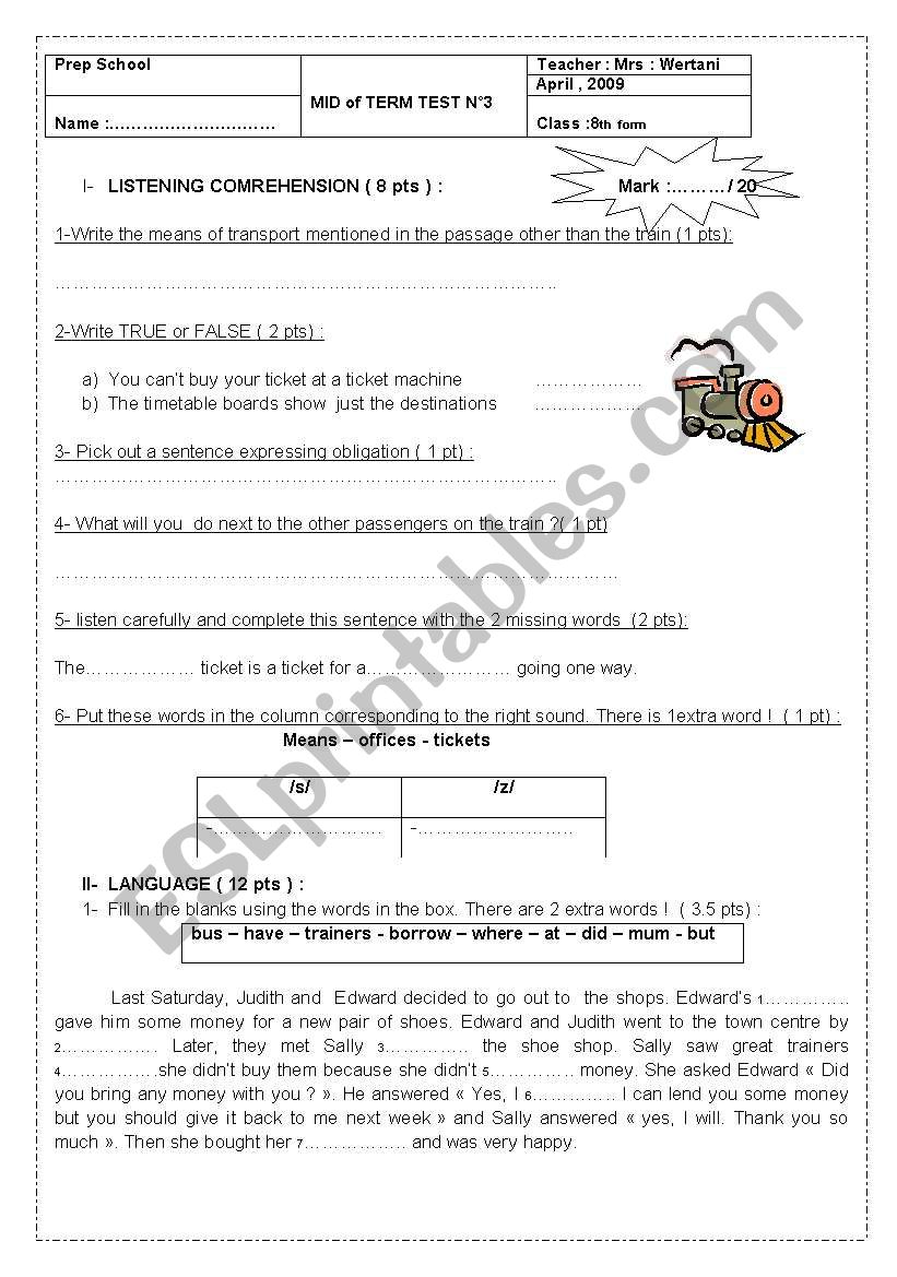 mid of term test 2 for 8th formers