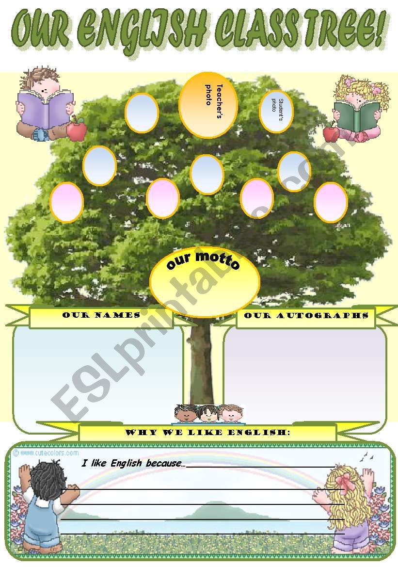 OUR ENGLISH CLASS TREE! - YOUR CLASS  TREE!!! WITH Y YOUR STUDENTS PHOTOS, AUTOGRAPHS, NAMES AND   YOUR OWN CLASS MOTTO! TEAM-BUILDING ACTIVITY (EDITABLE!!!)