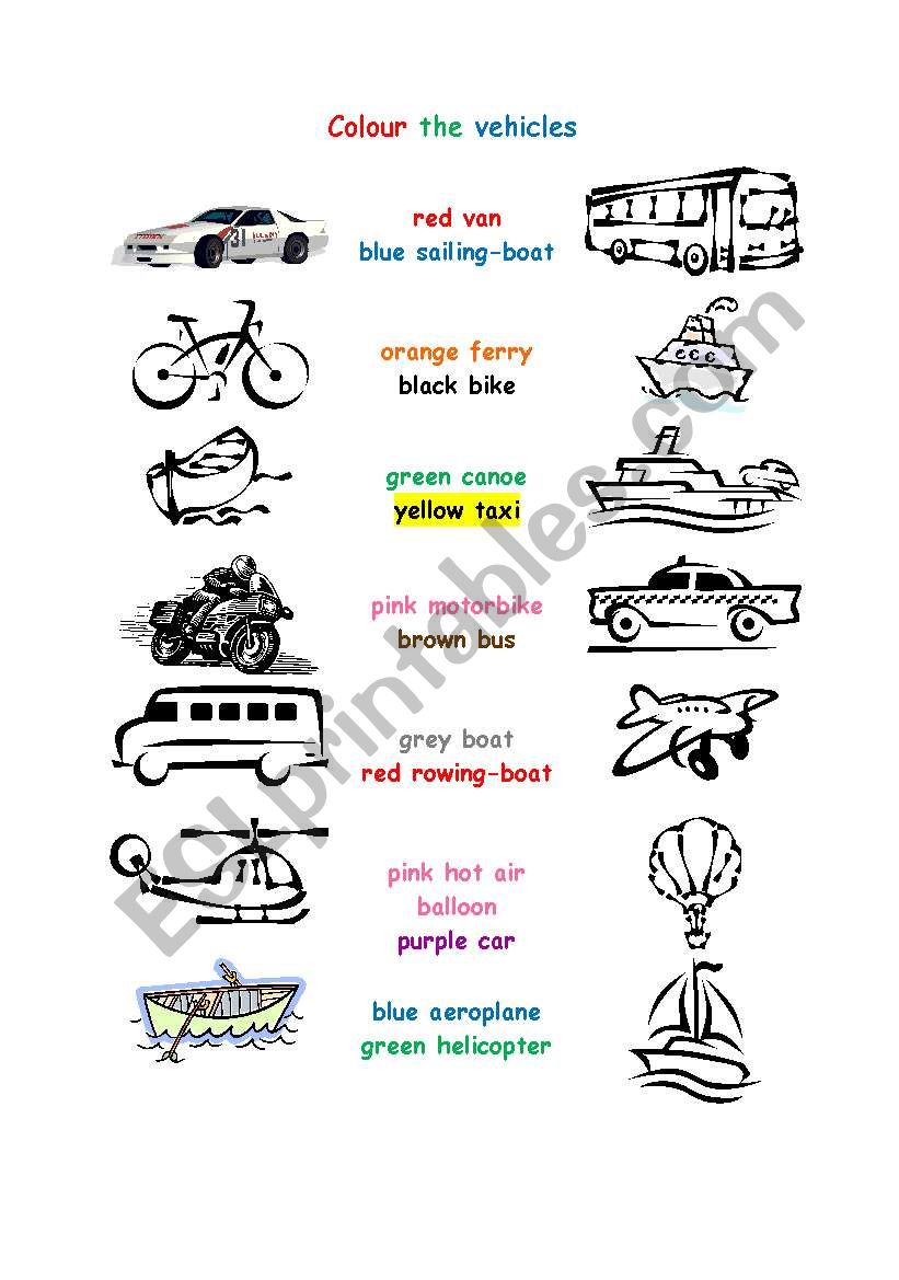 Colour the vehicles worksheet