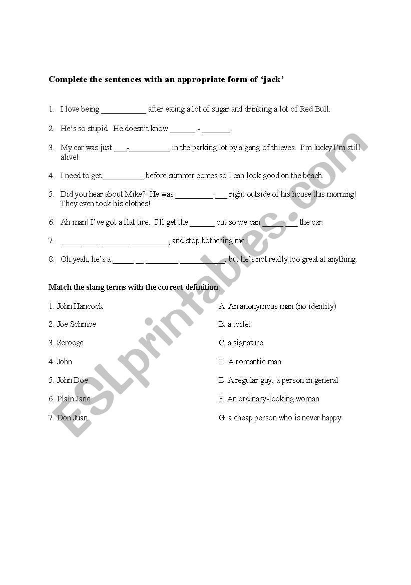 Slang Phrases using Jack and other common names
