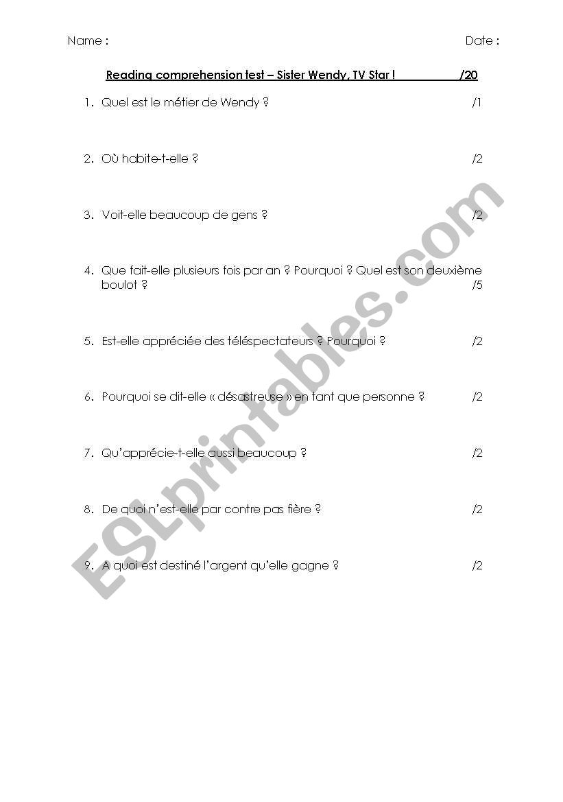 Reading comprehension worksheet