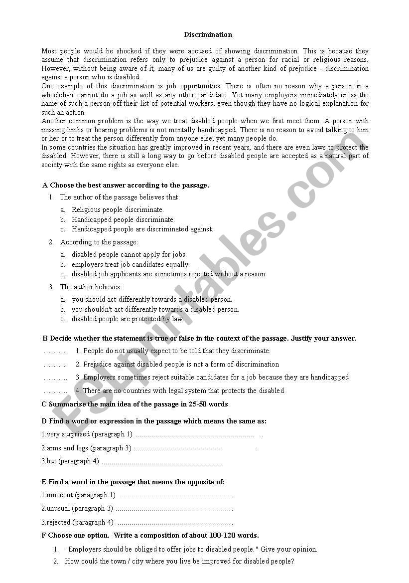 Discrimination worksheet