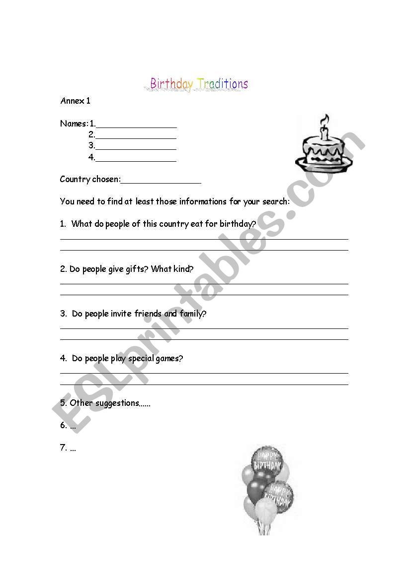 Birthday Traditions worksheet