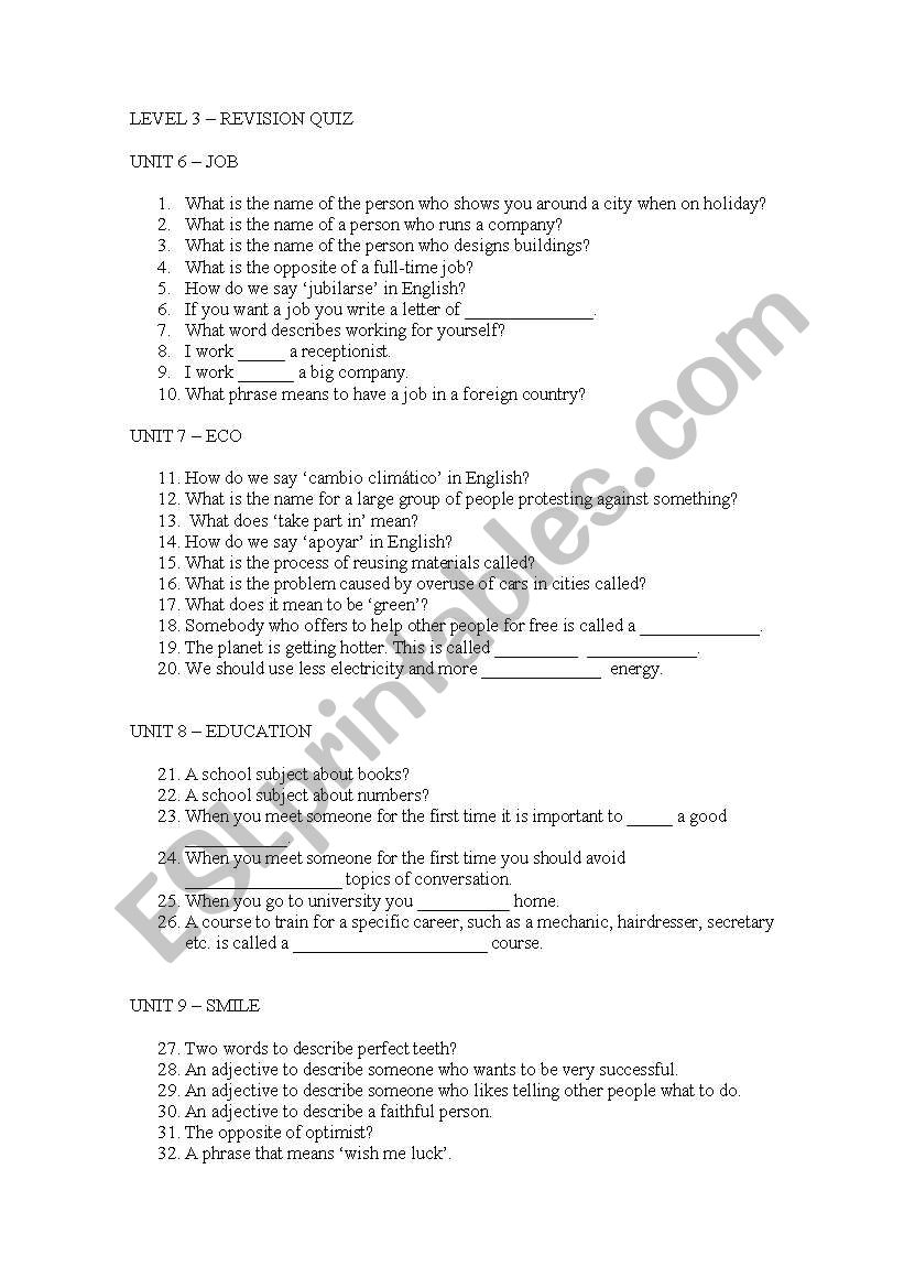 Pre-Intermediate Quiz worksheet