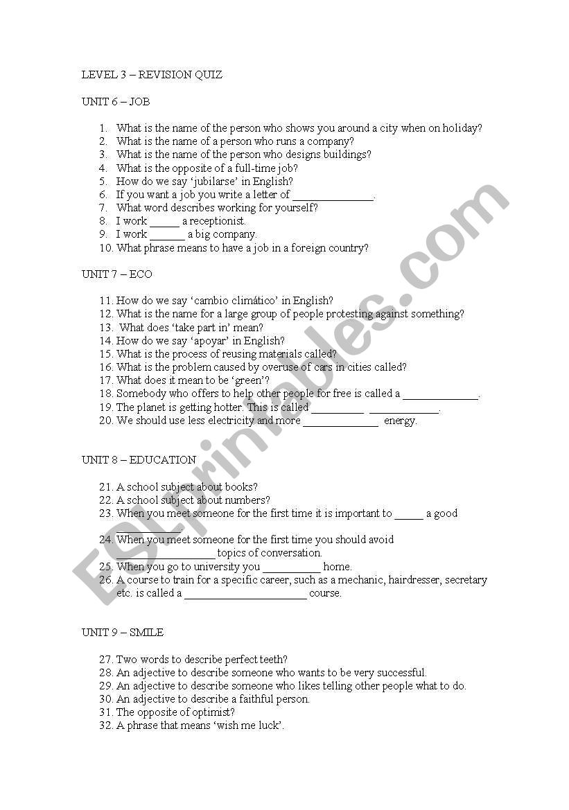 Pre-Intermediate Quiz worksheet
