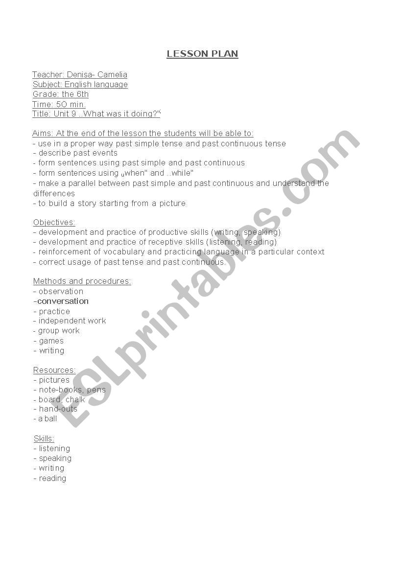 Lesson plan for past simple/past continuous