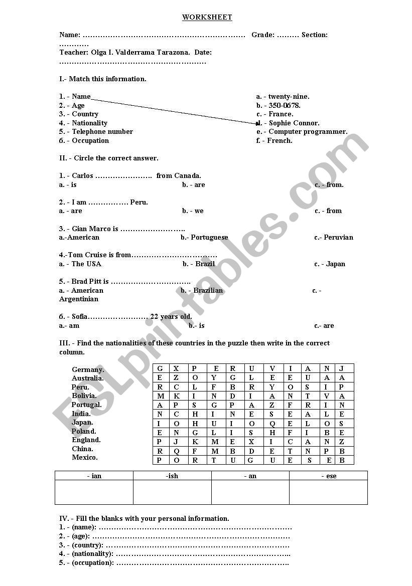 personal information worksheet