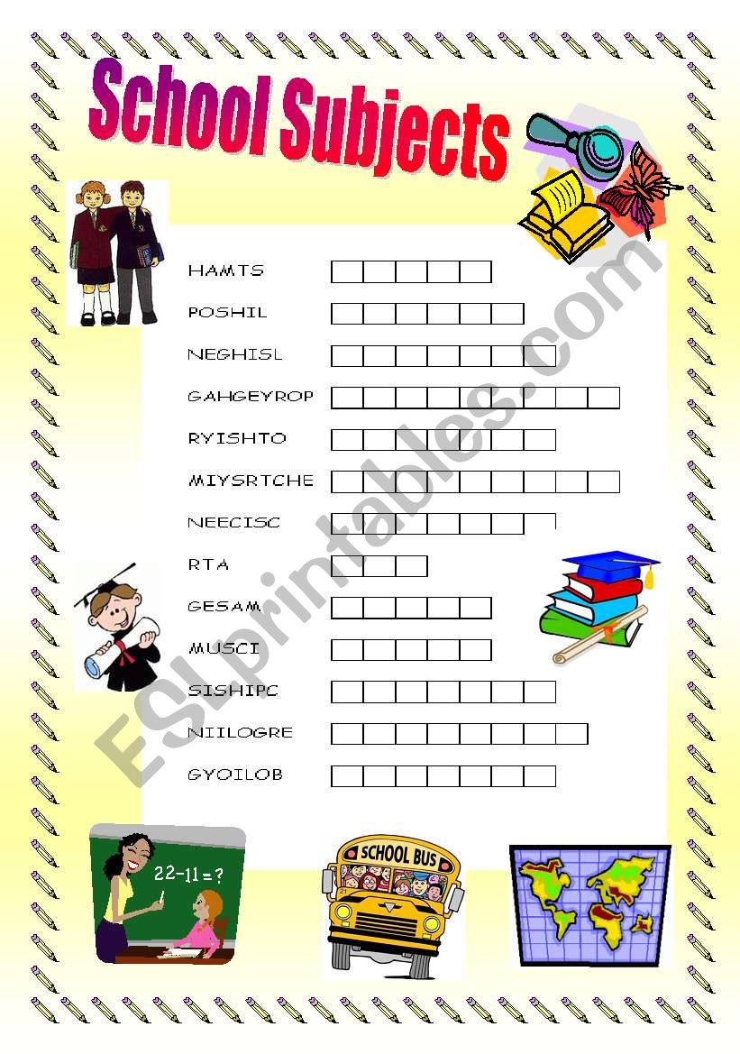 school subjects worksheet