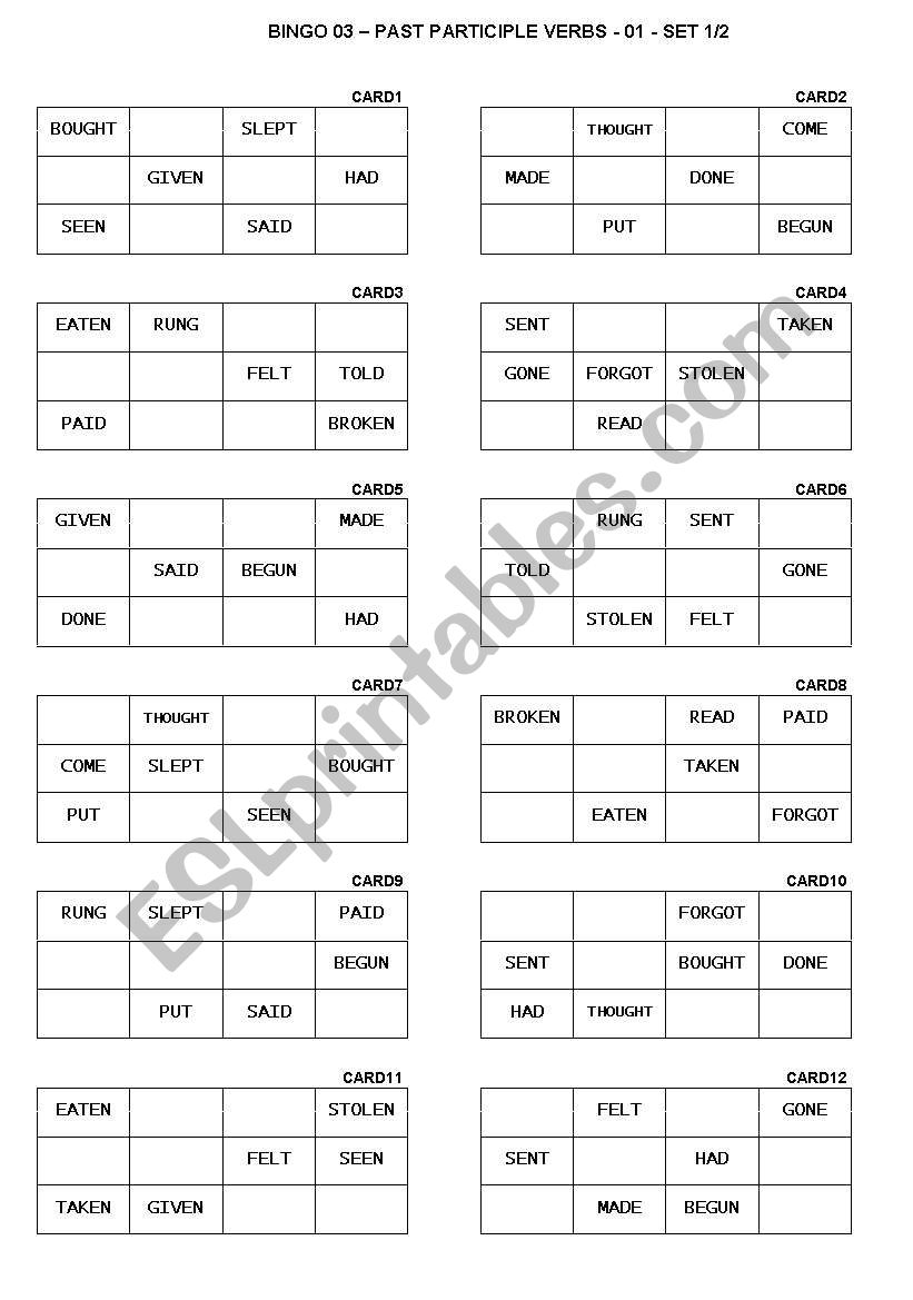 BINGO 03 - PAST PARTICPLE VERBS - CHART - CARDS - 01.doc