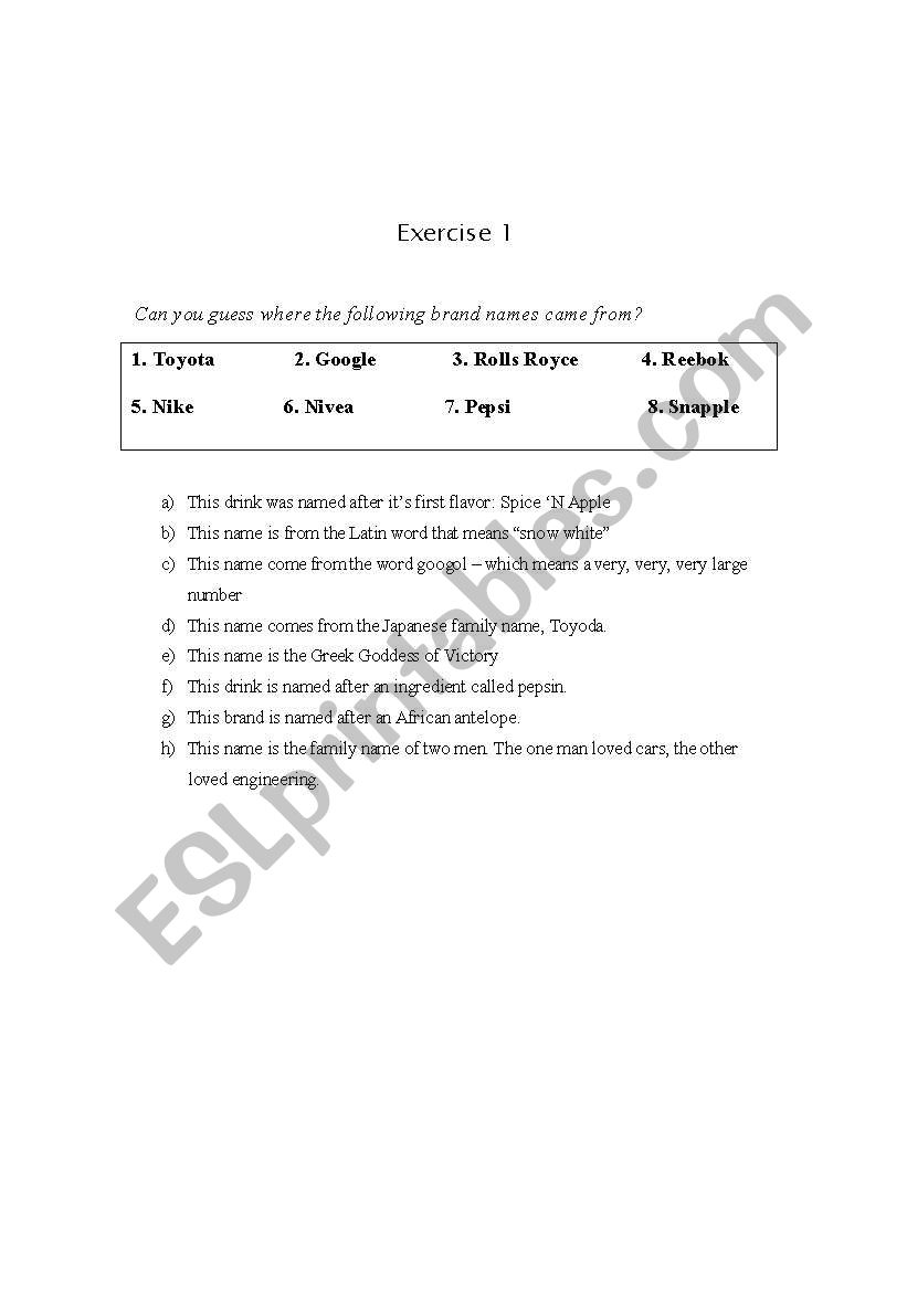 Advertising and Branding worksheet