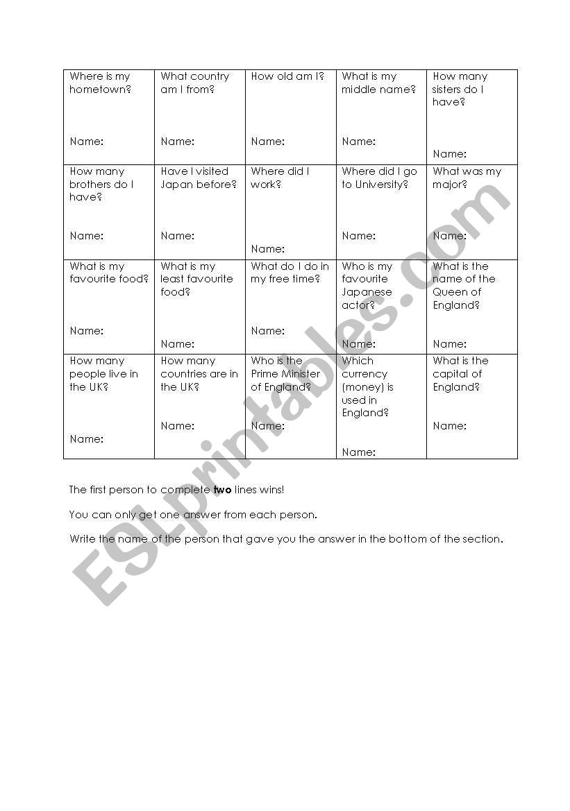 Self Intro Game Sheet worksheet