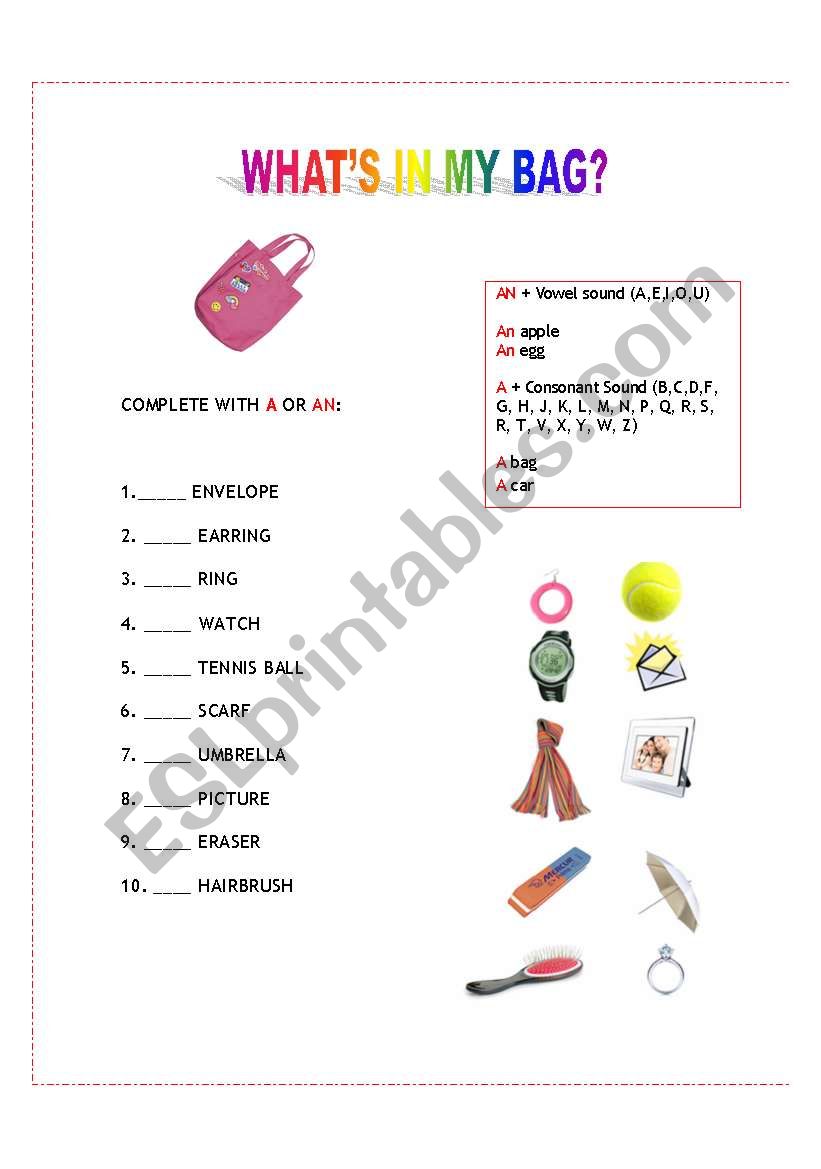 English worksheets What´s in my bag?