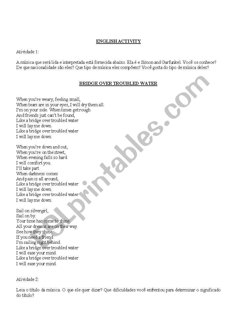 Brifge over trouble water worksheet