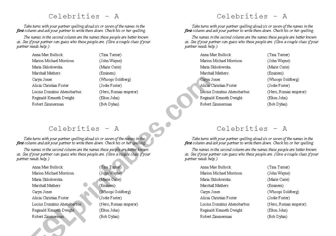 Spelling Celebrities worksheet