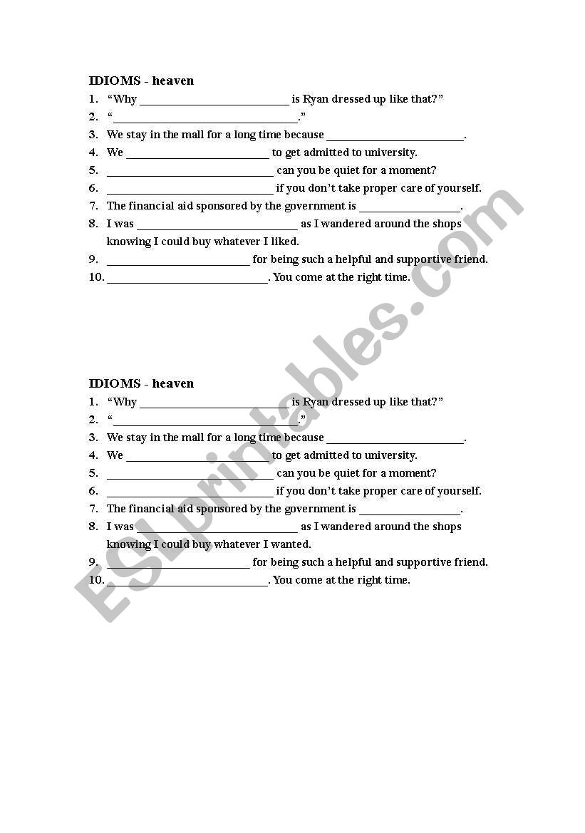 Idioms (heaven) Exercise worksheet