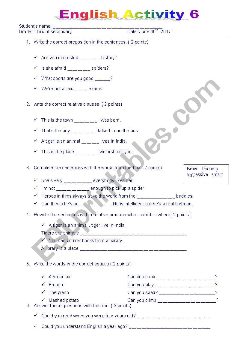 English Activity worksheet