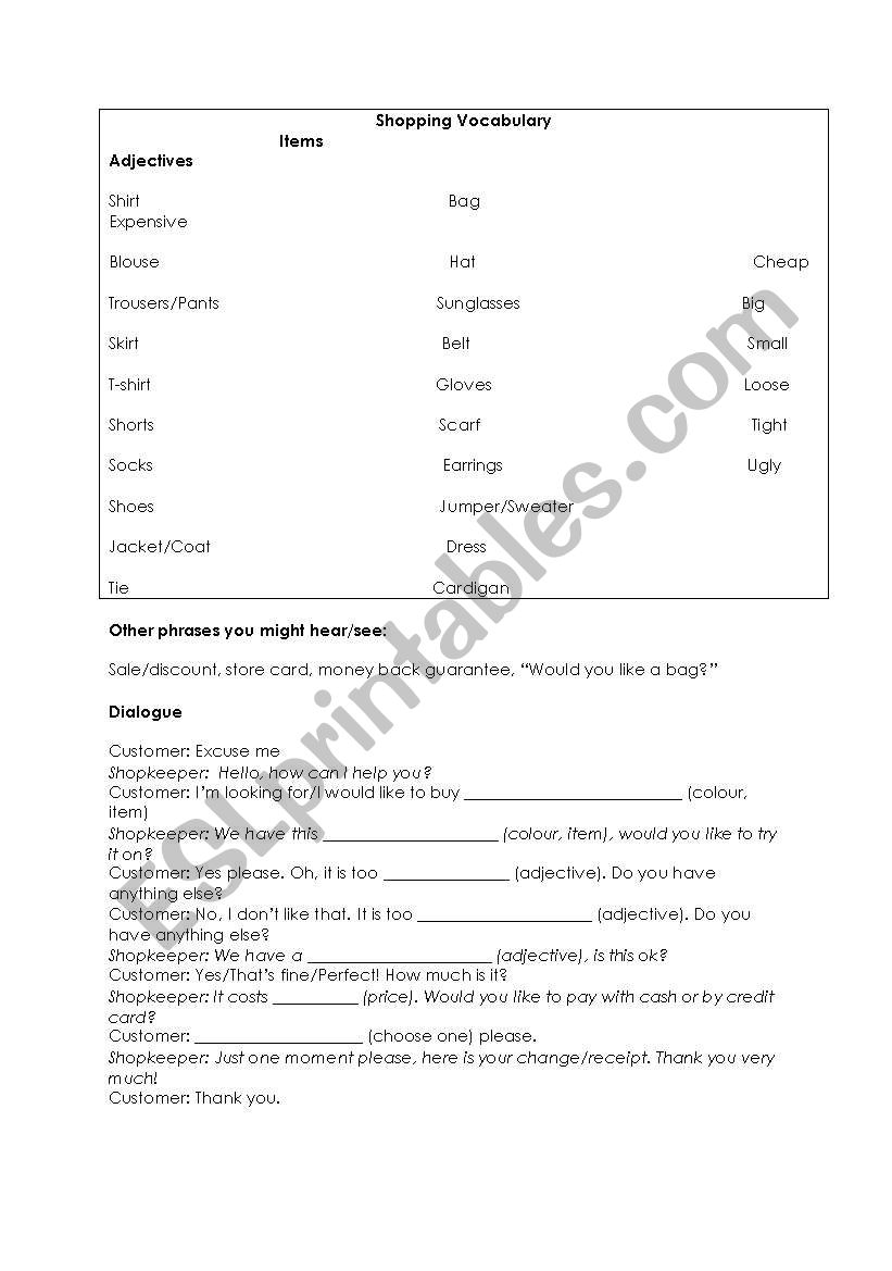 Shopping vocab and exercise worksheet