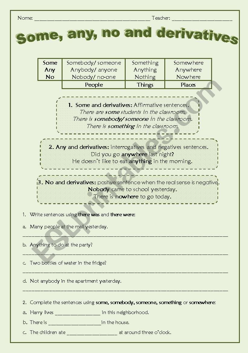 Some, Any, no and derivatives worksheet