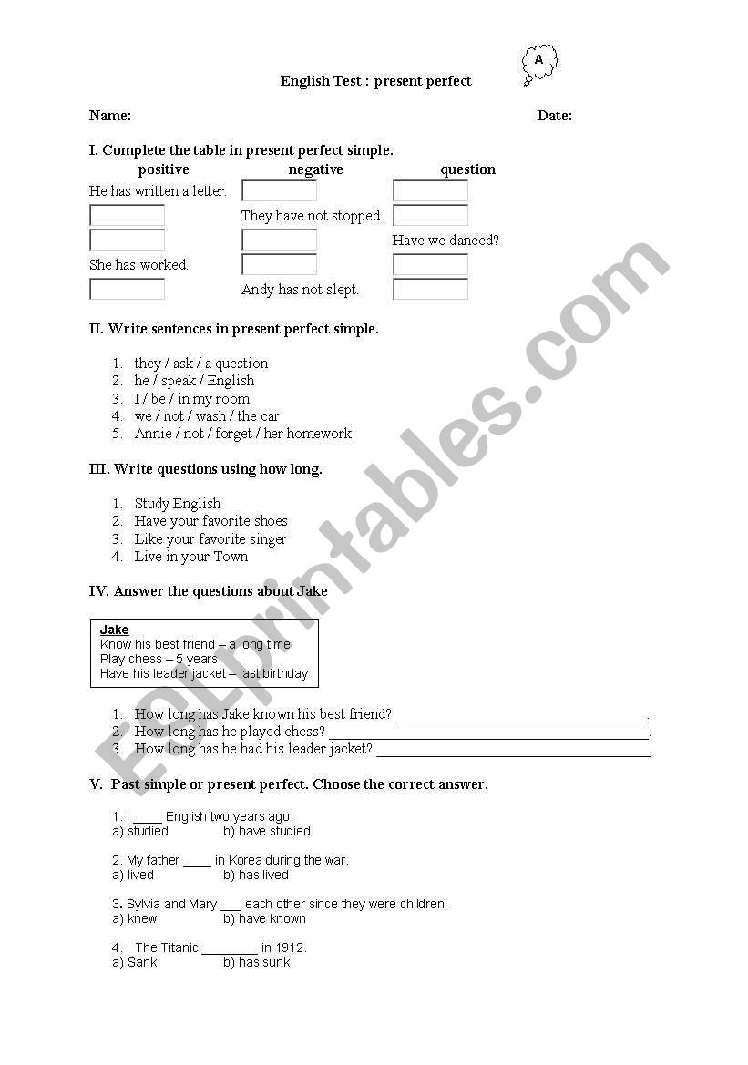 Present perfect test worksheet