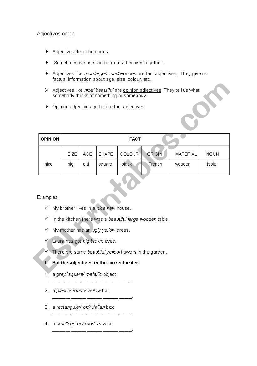 adjectives order worksheet