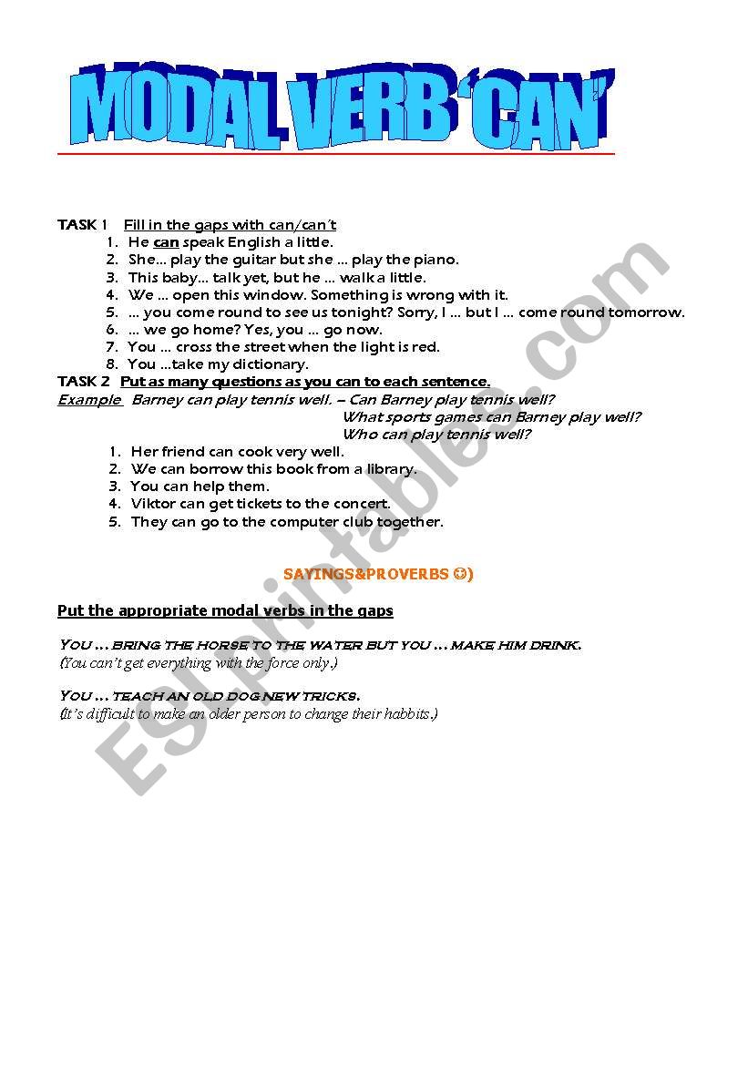 modal verb can worksheet