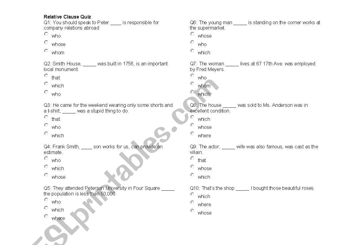 relative clause quiz worksheet