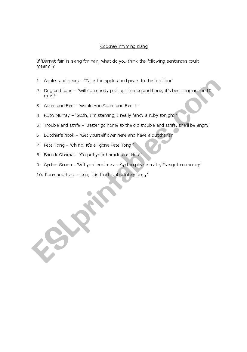 Cockney Rhyming worksheet