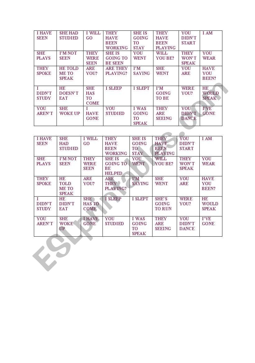 Bingo (verbs) worksheet