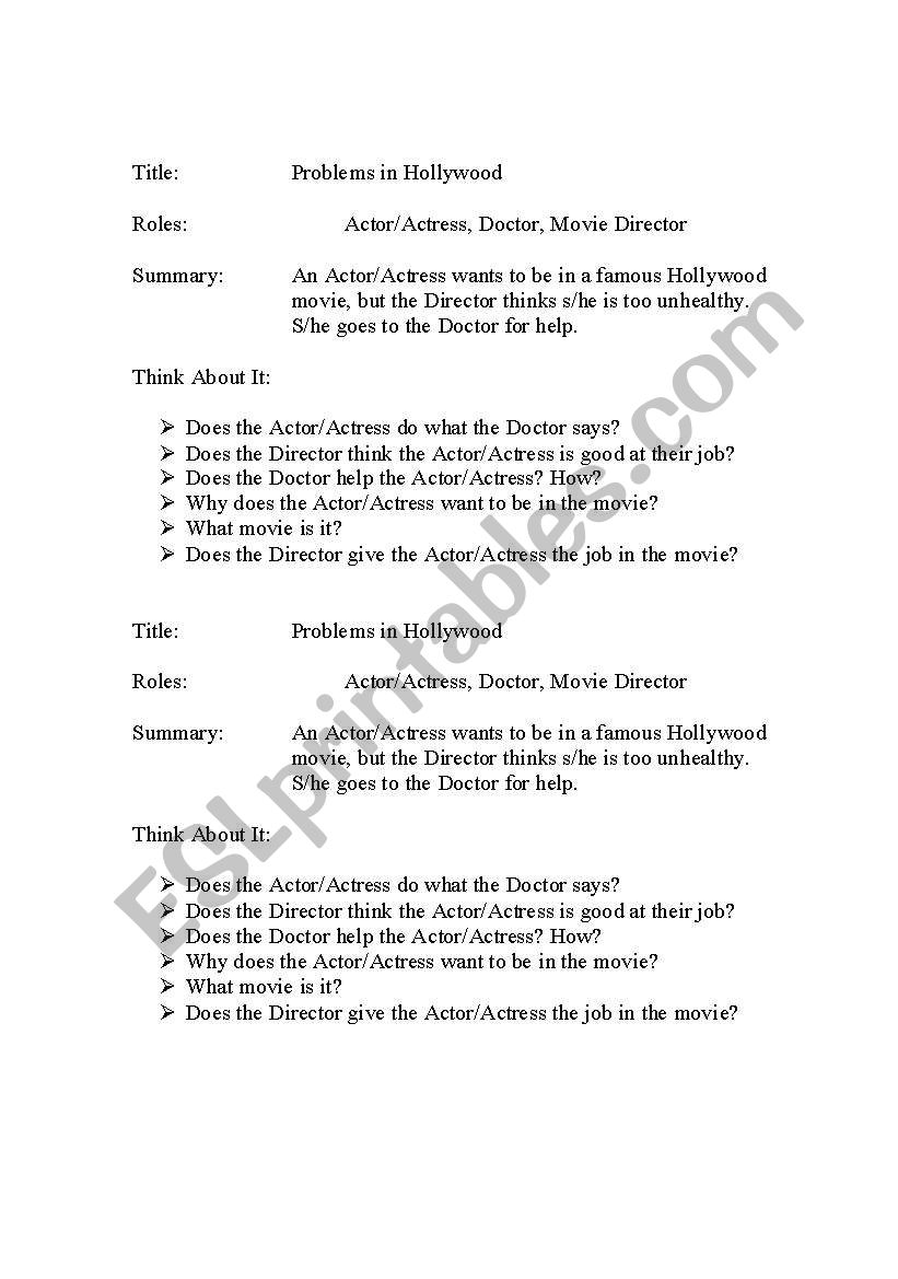 Hollywood Skit worksheet