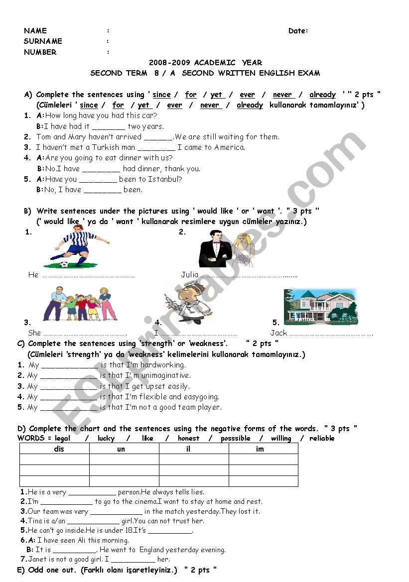 8th second term second exam worksheet
