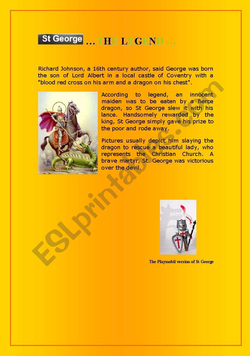 3 PAGES about ST GEORGE (legend / press article/ comprehension quiz)