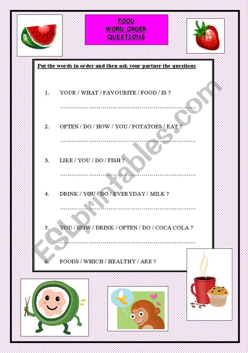 Food --- word order questions worksheet