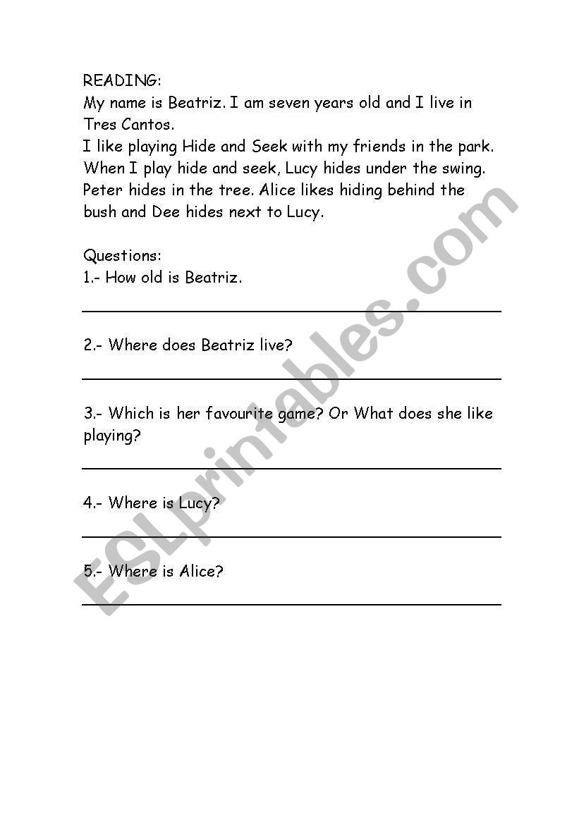 Reading comprehension worksheet