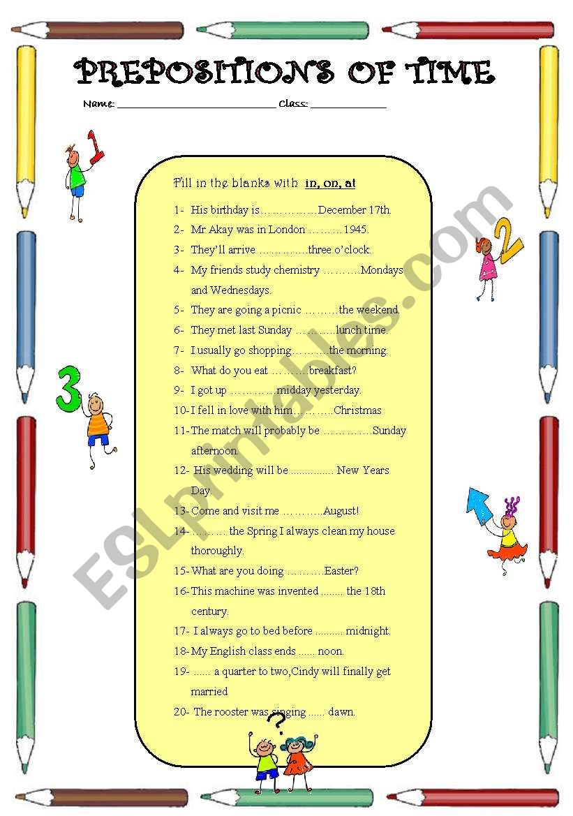 Prepositions of time test worksheet