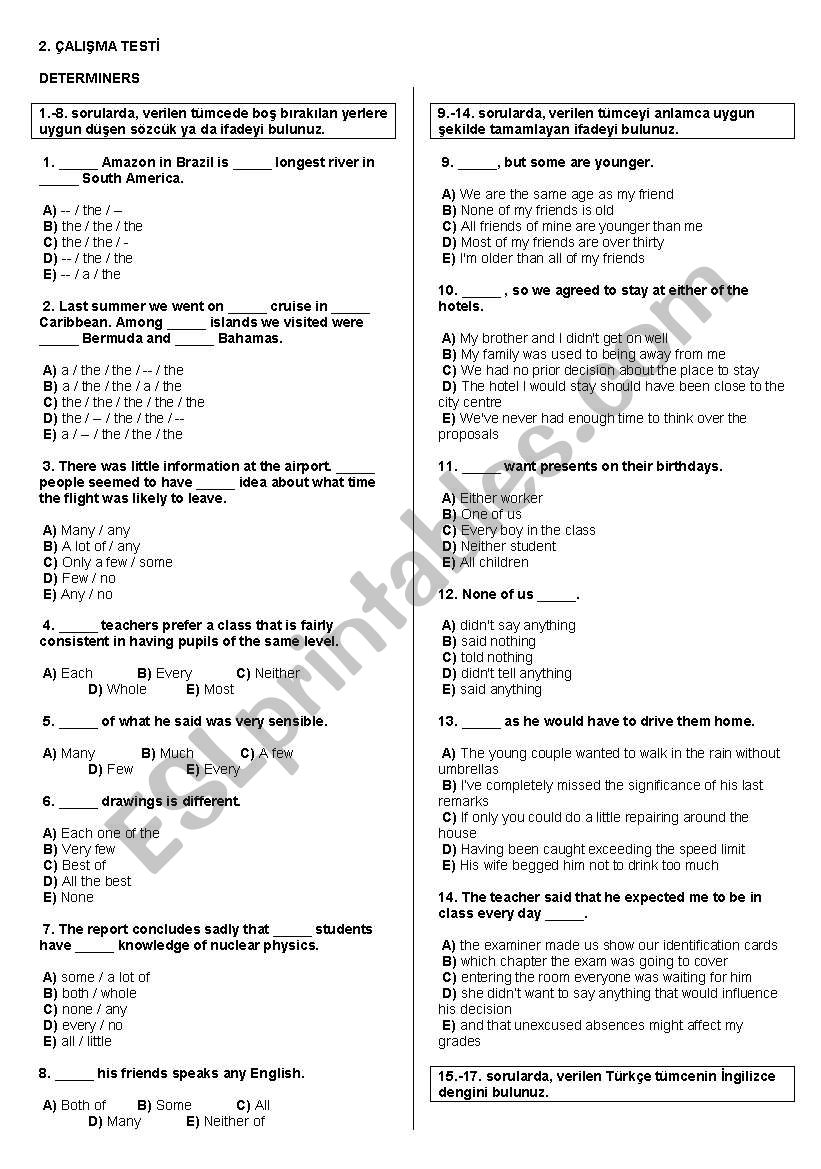 determiners worksheet