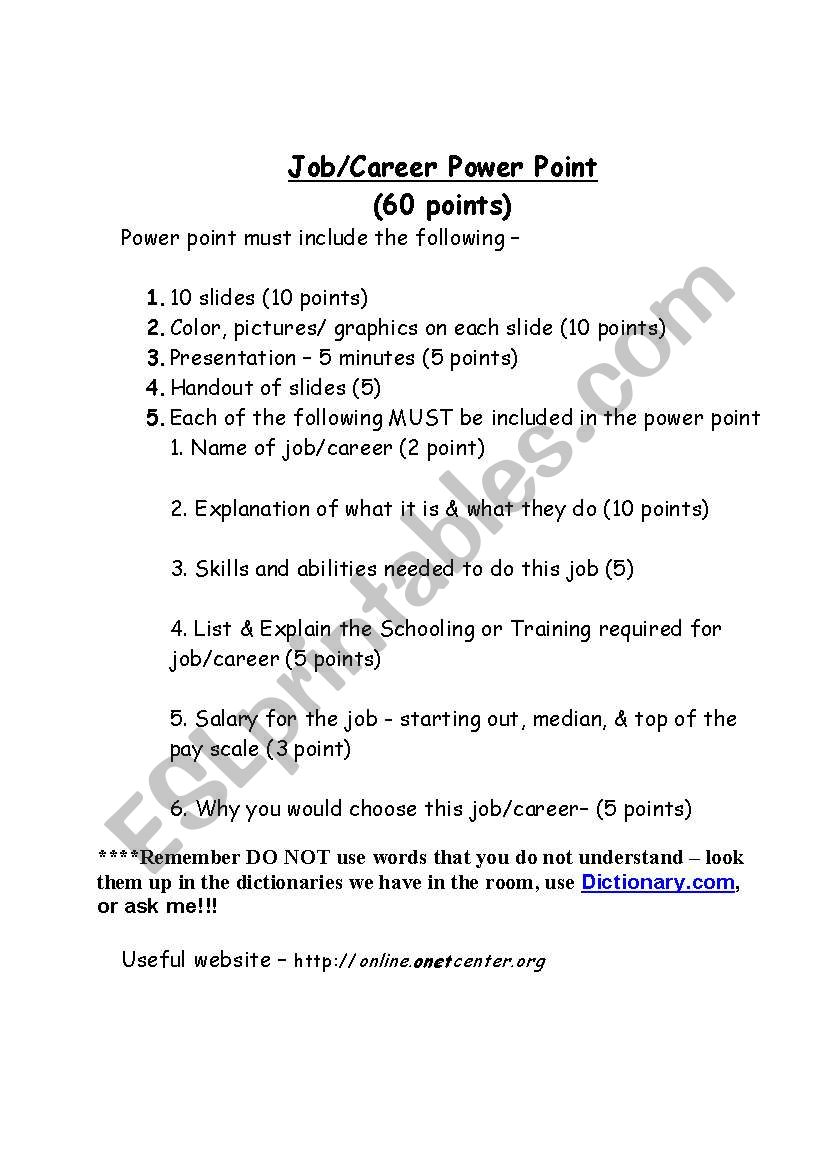 Job/Career Power Point  worksheet