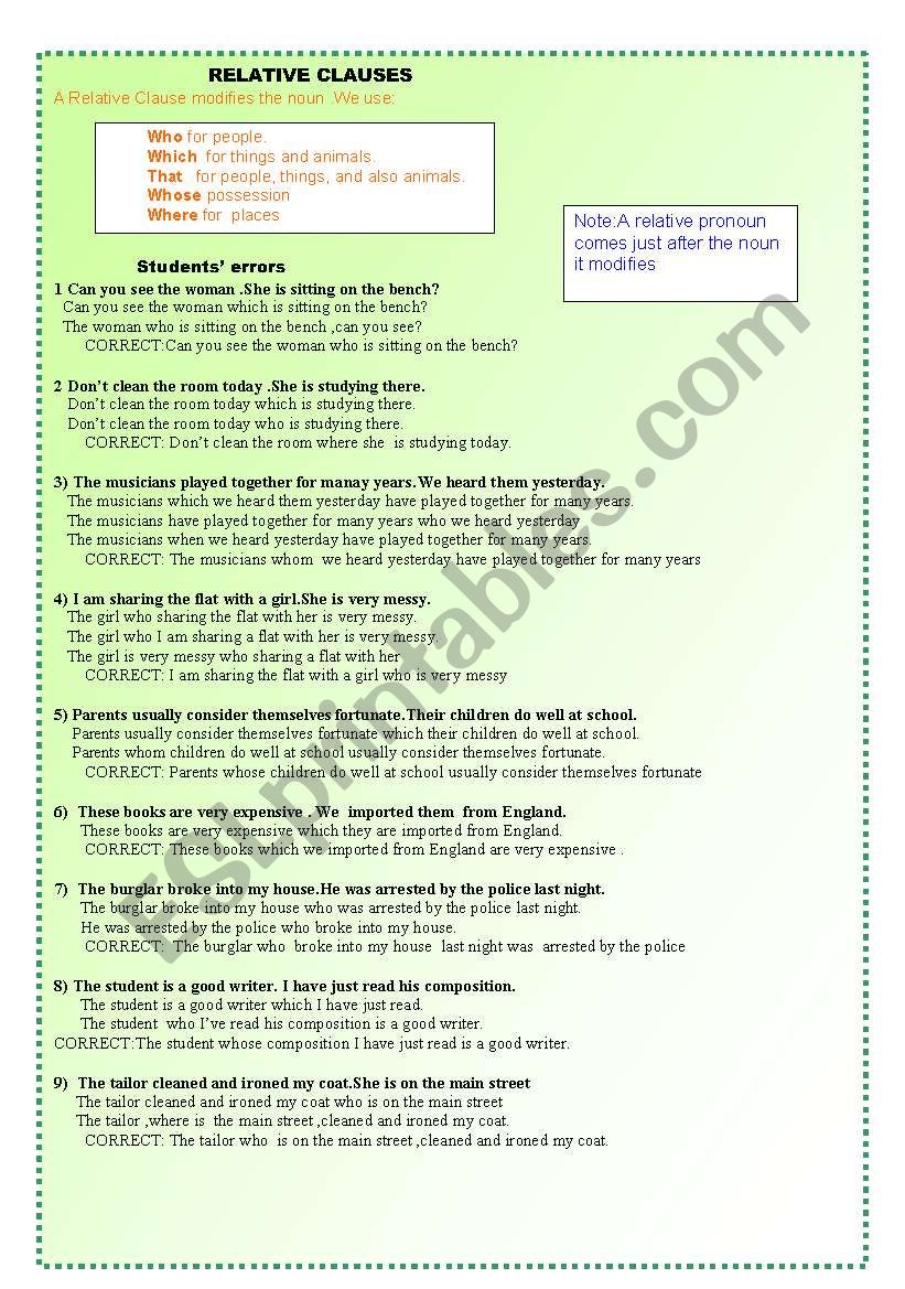 RELATIVE CLAUSES worksheet