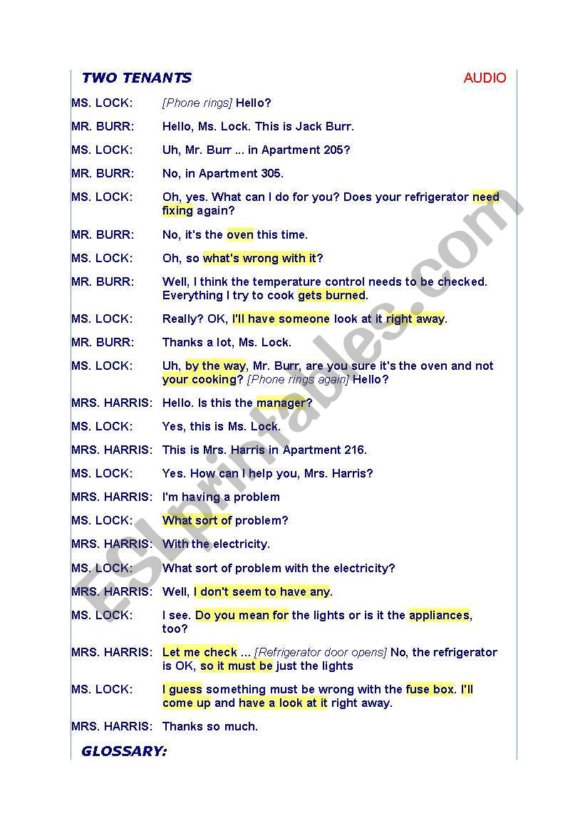 TWO TENANTS TRANSCRIPTION worksheet