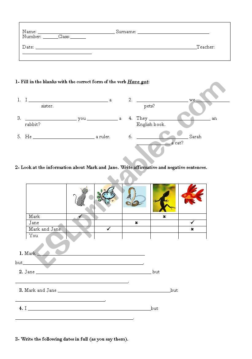 Worksheet about the verb to have got (all forms)