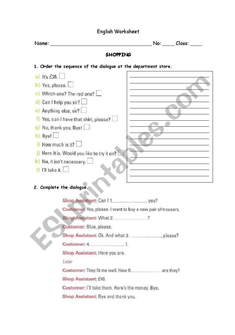 Shopping worksheet