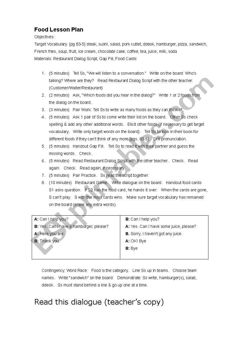 Food Lesson Plan worksheet