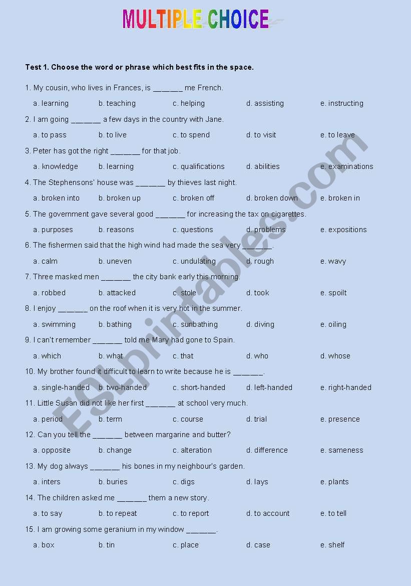 Multiple Choise Tests worksheet