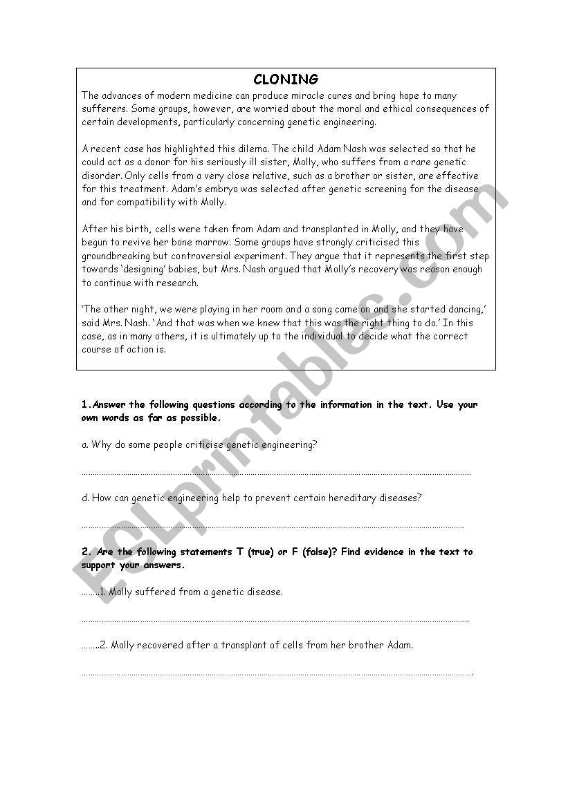 CLONING worksheet