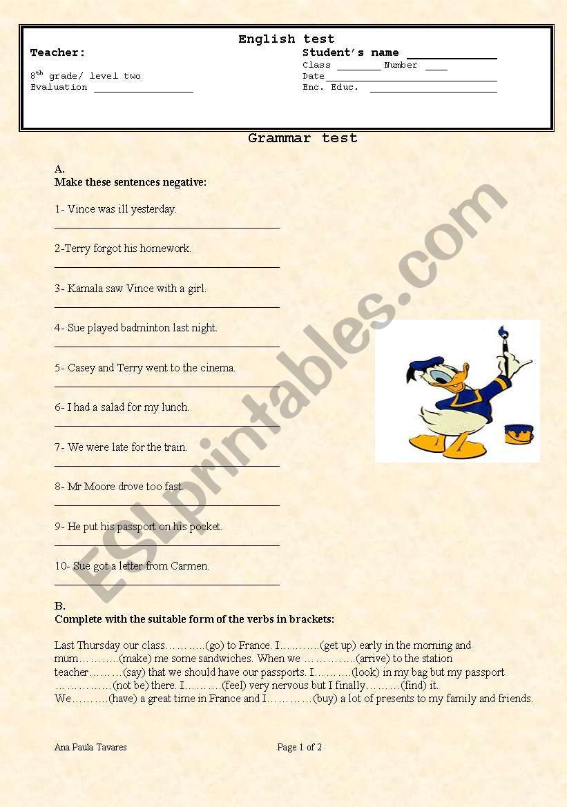 past tense test worksheet