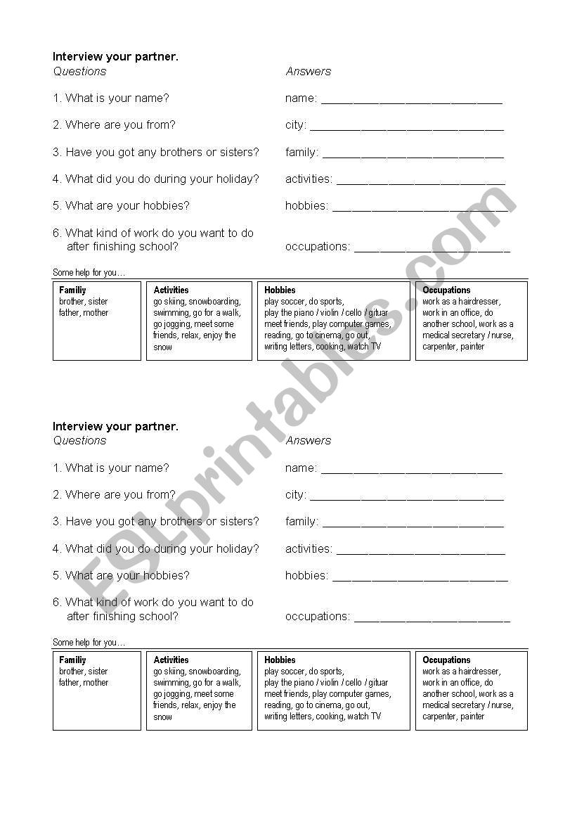 Interview your partner worksheet