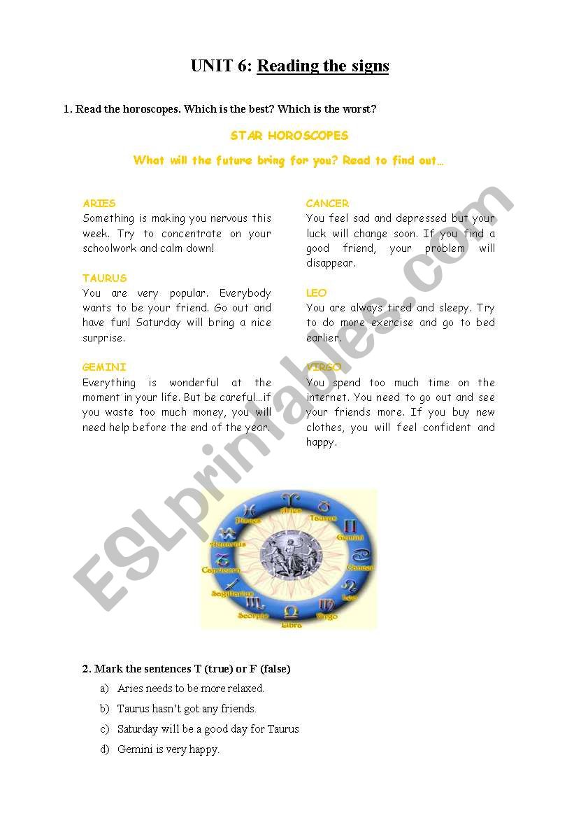 Reading: Zodiac signs worksheet