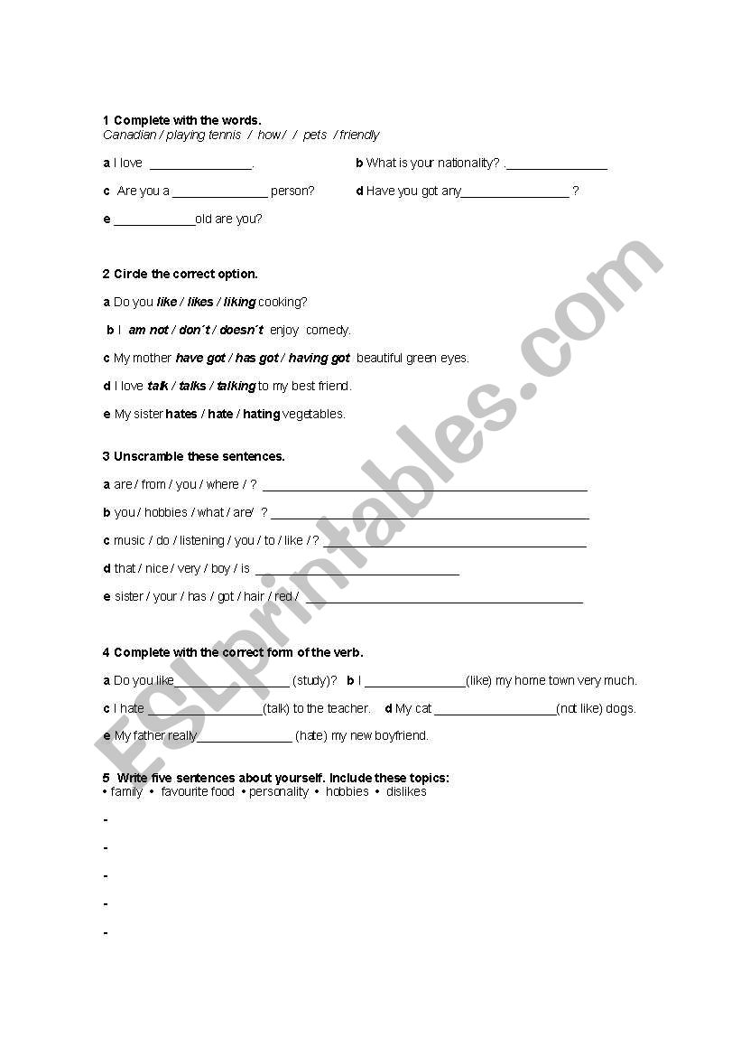 Personal information worksheet