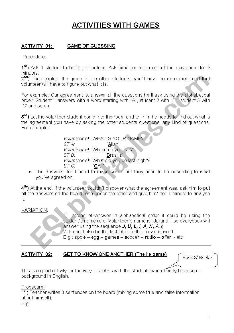 Activities using games worksheet