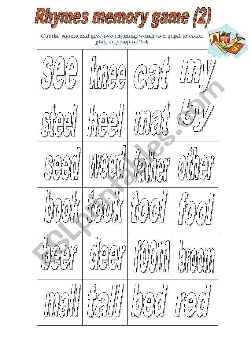 rhymes memory game (2) worksheet